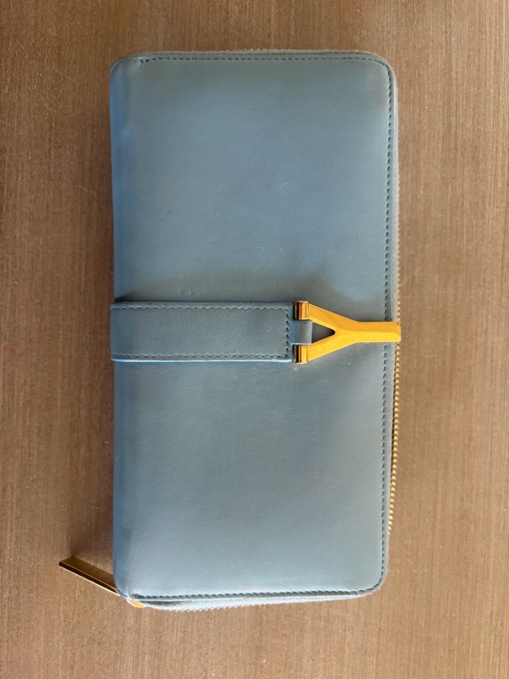 Authentic SAINT LAURENT YSL Y Line Full Zip Wallet Calf Leather Blue/Gold w/ COA